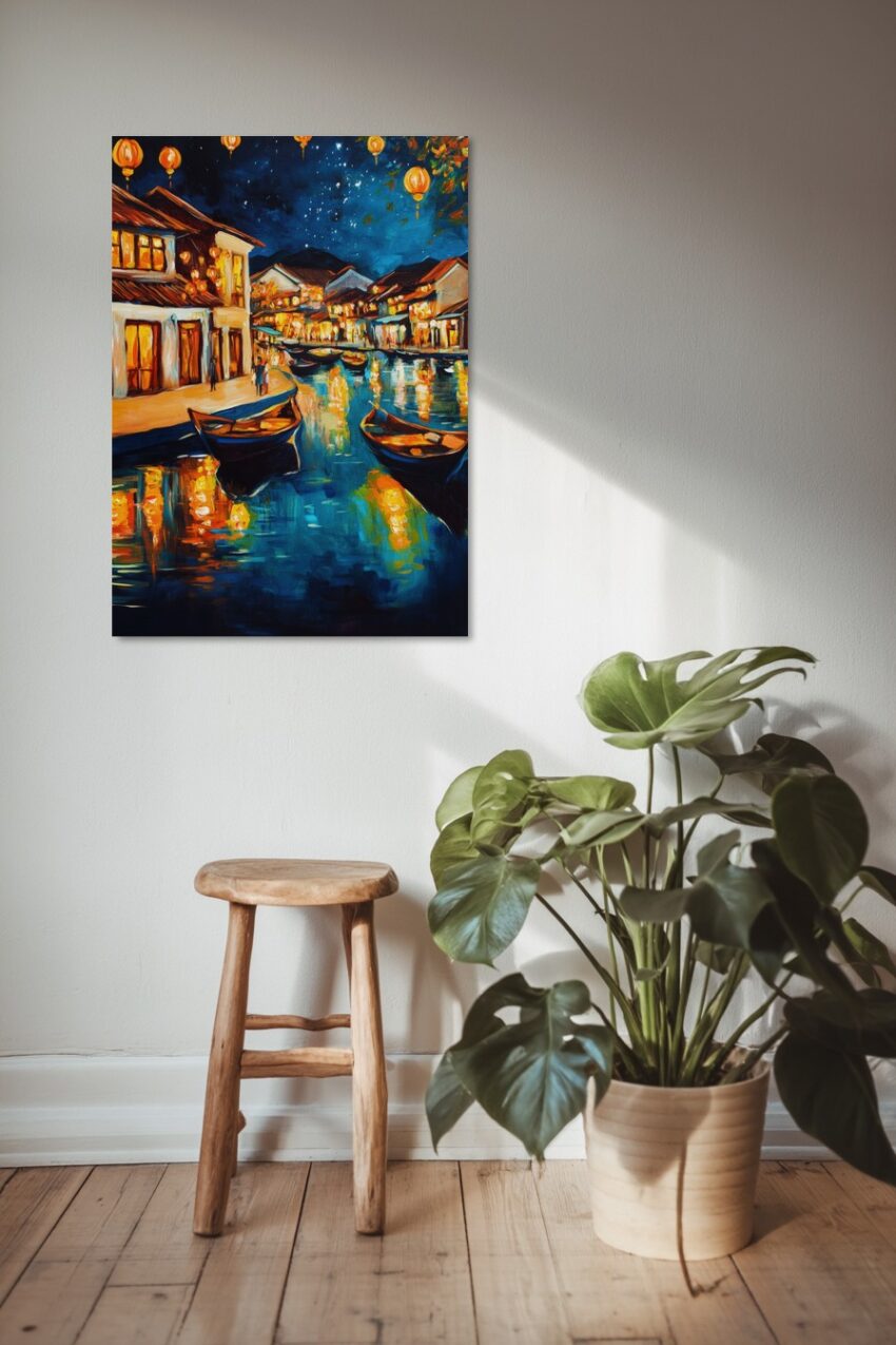 Kunstdruck eines abendlichen Flussorts mit leuchtenden Laternen und Booten, atmosphärisch in warmen Farben dargestellt