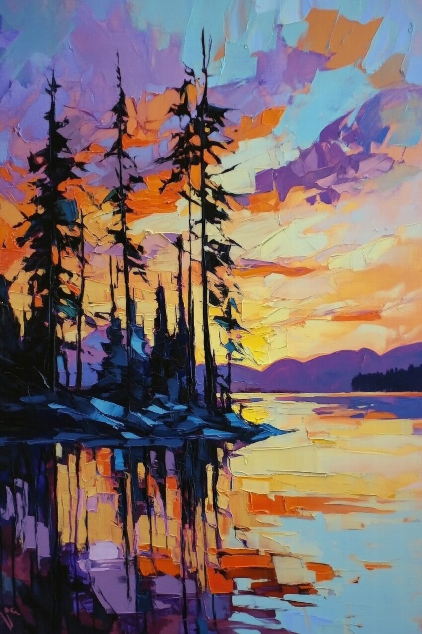 Poster mit Ölmalerei eines Waldsees bei Sonnenuntergang, Kiefern spiegeln sich im Wasser, warme und lila Farbtöne