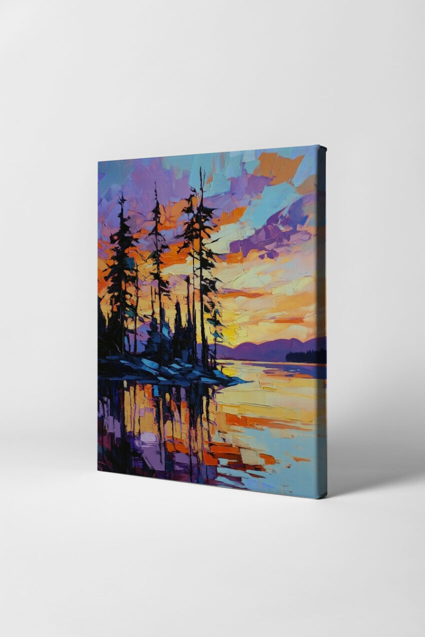 Poster mit Ölmalerei eines Waldsees bei Sonnenuntergang, Kiefern spiegeln sich im Wasser, warme und lila Farbtöne