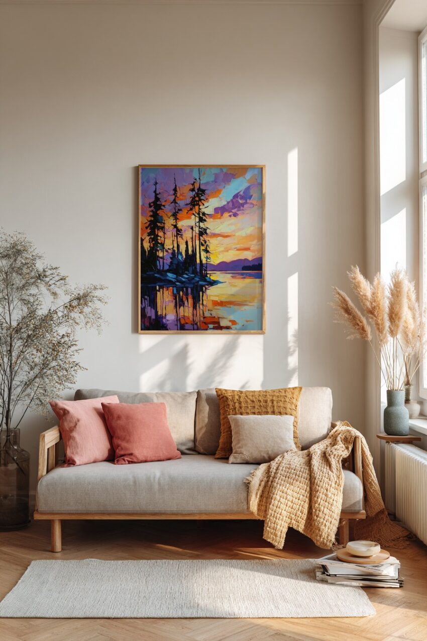 Poster mit Ölmalerei eines Waldsees bei Sonnenuntergang, Kiefern spiegeln sich im Wasser, warme und lila Farbtöne