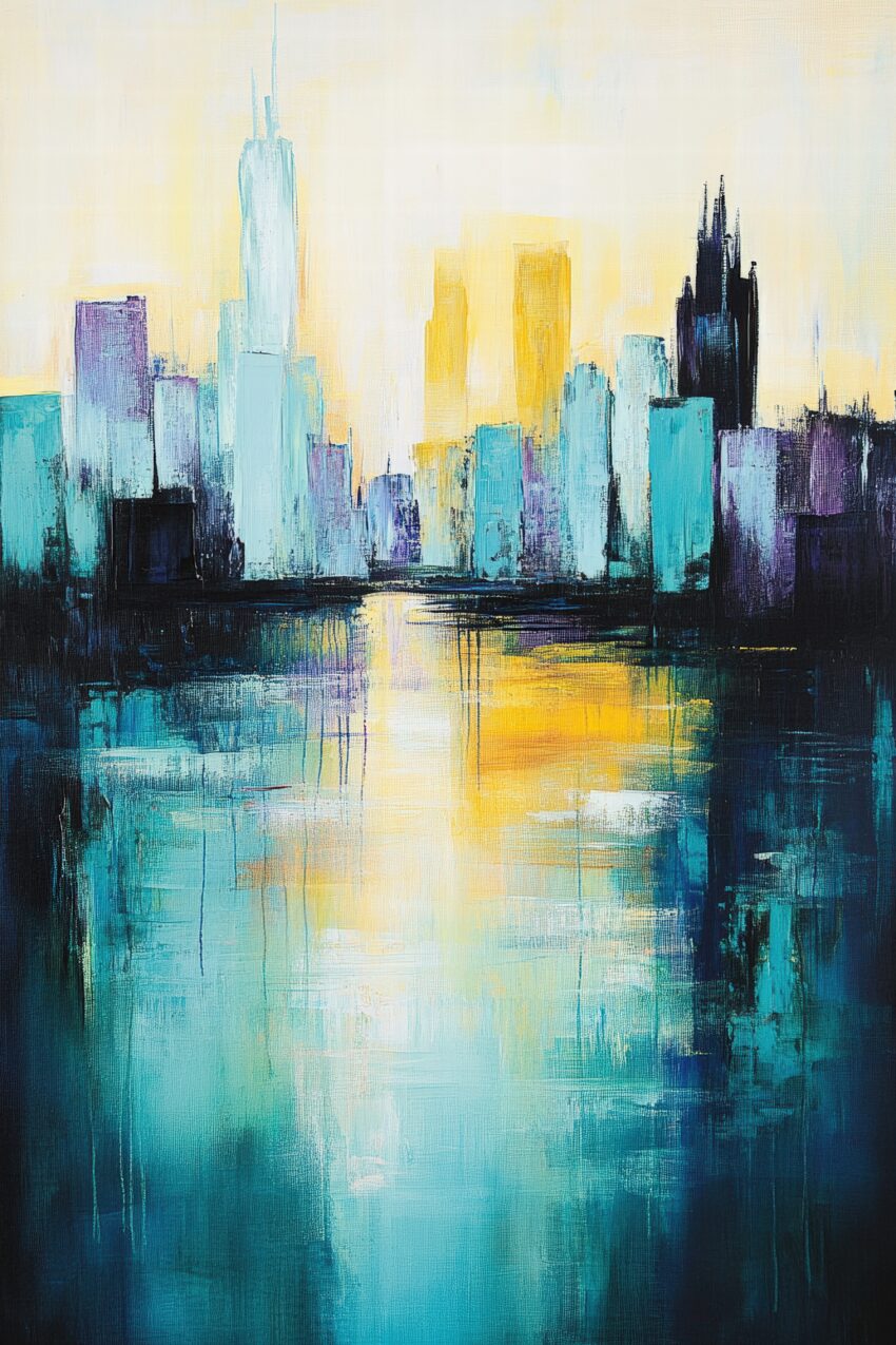 Abstraktes Poster einer Stadtansicht bei Sonnenaufgang mit Reflexion im Wasser, in Blau- und Gelbtönen gehalten, moderner Kunstdruck