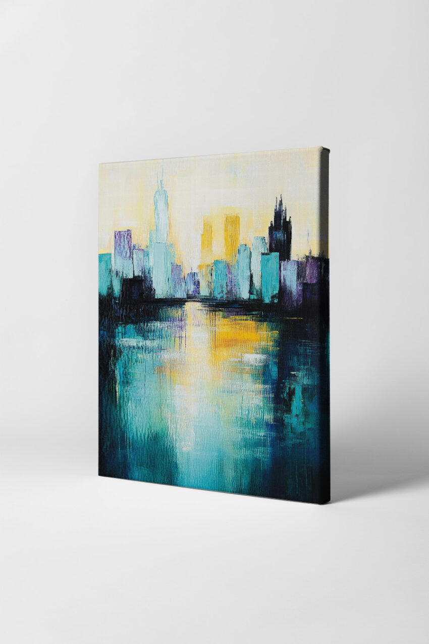 Abstraktes Poster einer Stadtansicht bei Sonnenaufgang mit Reflexion im Wasser, in Blau- und Gelbtönen gehalten, moderner Kunstdruck