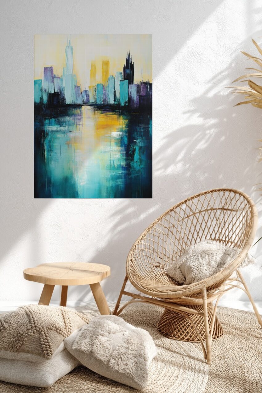 Abstraktes Poster einer Stadtansicht bei Sonnenaufgang mit Reflexion im Wasser, in Blau- und Gelbtönen gehalten, moderner Kunstdruck