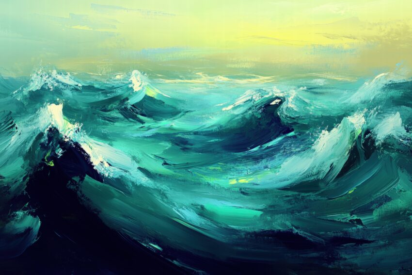 Kunstdruck Meereswellen in Blau- und Türkistönen, lebendige Darstellung von Wasserbewegung auf halbmattem Poster mit natürlicher Oberfläche