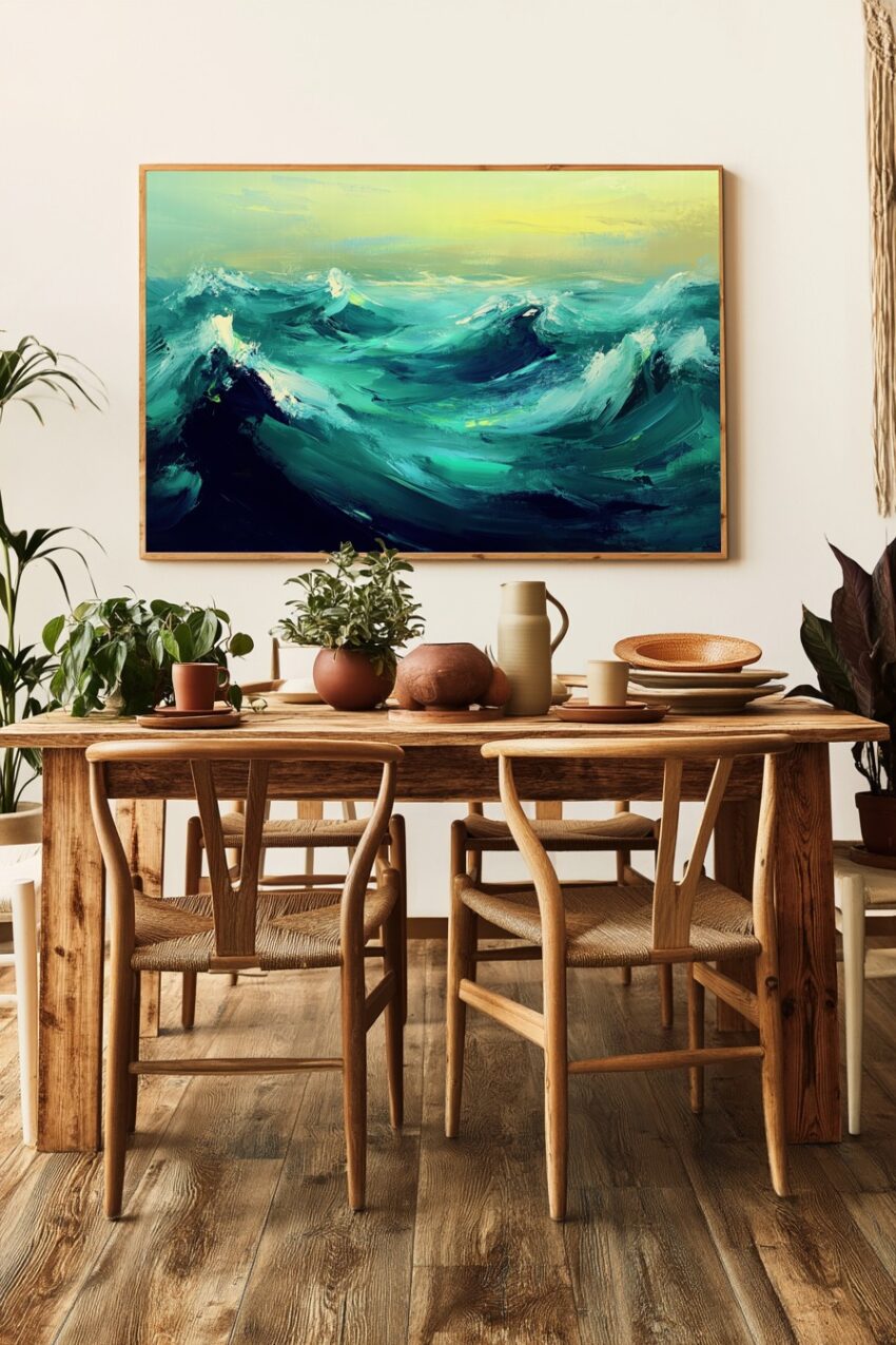 Kunstdruck Meereswellen in Blau- und Türkistönen, lebendige Darstellung von Wasserbewegung auf halbmattem Poster mit natürlicher Oberfläche