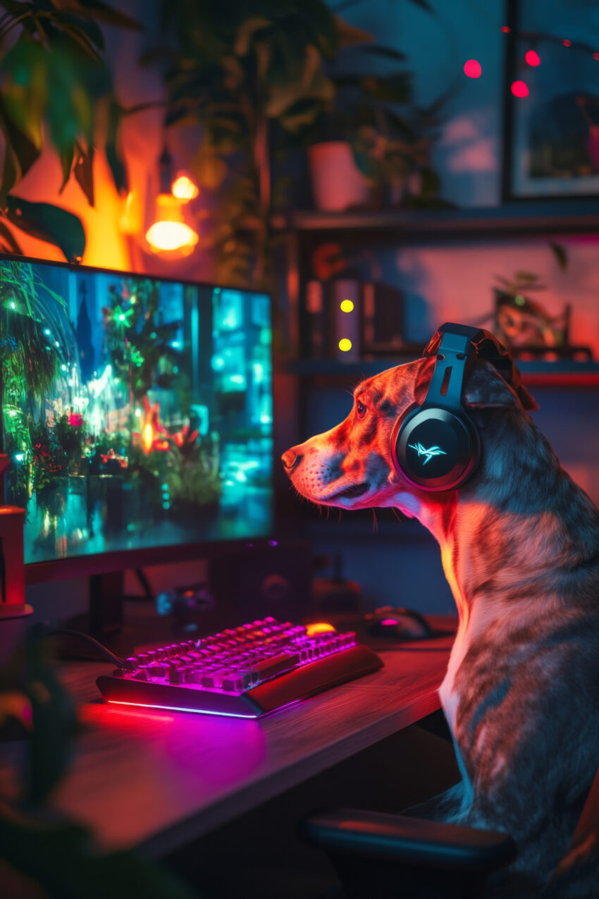 Fotografie Poster Hund am PC Gaming Setup bunt
