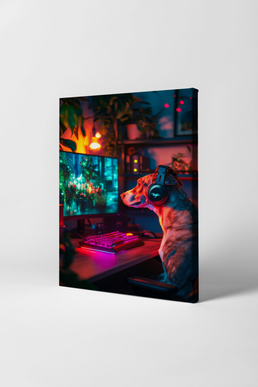 Fotografie Poster Hund am PC Gaming Setup bunt