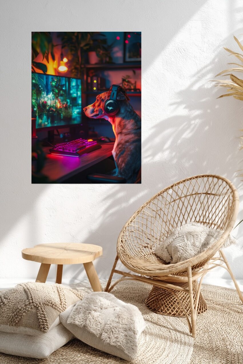 Fotografie Poster Hund am PC Gaming Setup bunt