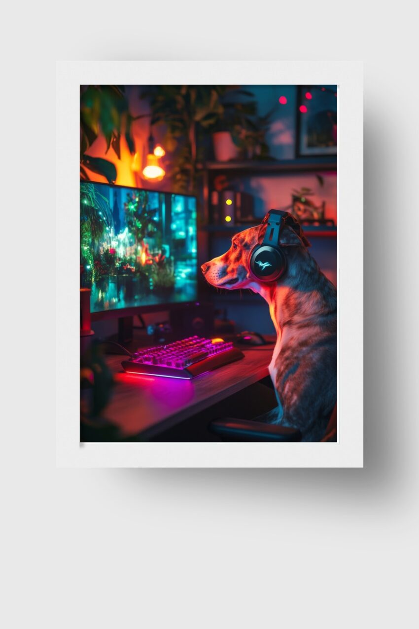 Fotografie Poster Hund am PC Gaming Setup bunt
