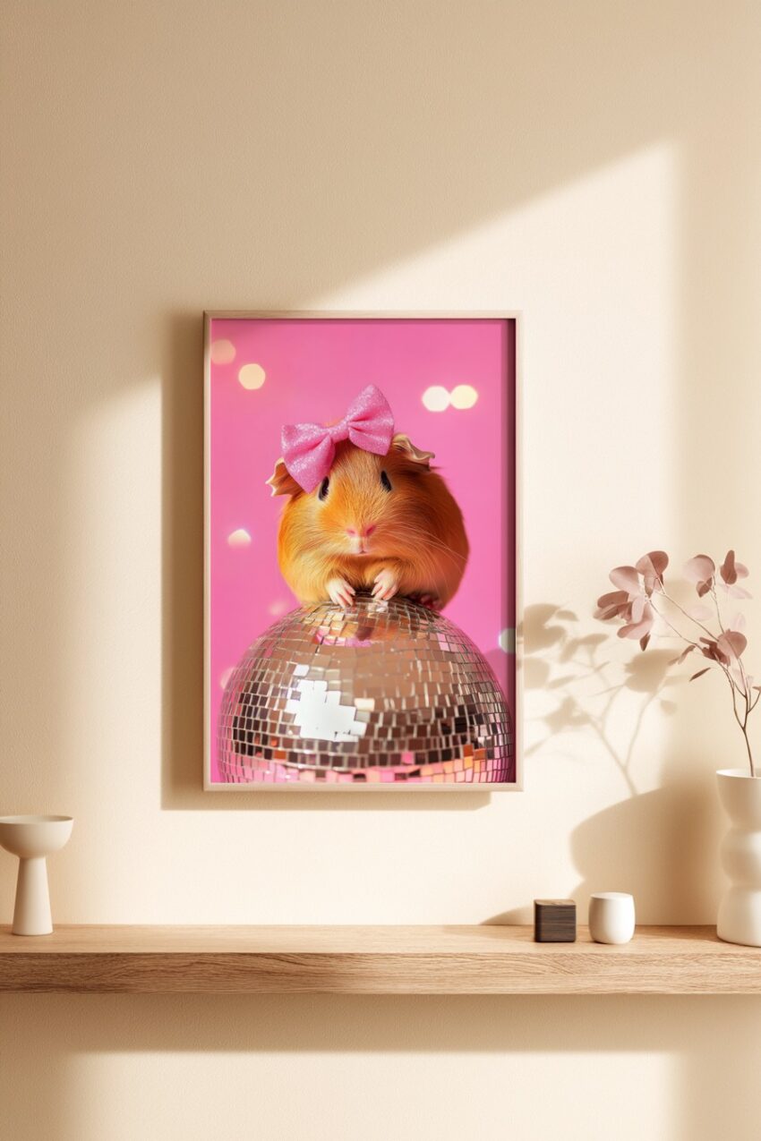 Fotografie Poster Meerschweinchen rosa Schleife Nahaufnahme