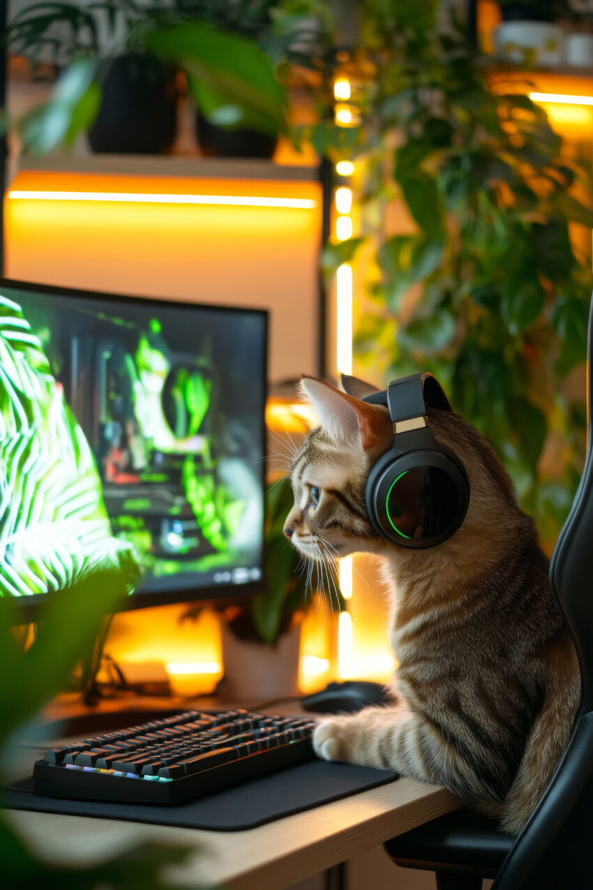 Fotografie Poster Katze mit Kopfhörer konzentriert am Bildschirm grün gelb