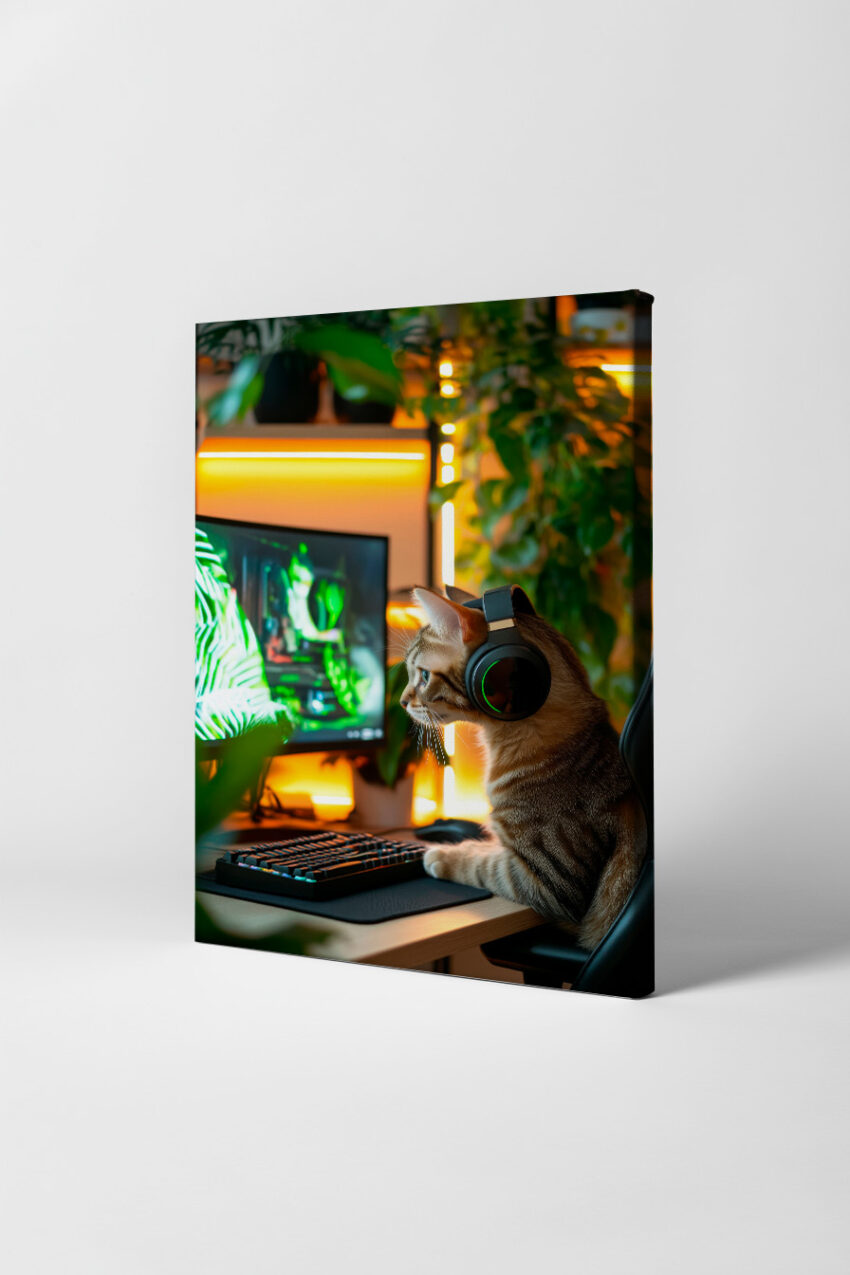 Fotografie Poster Katze mit Kopfhörer konzentriert am Bildschirm grün gelb