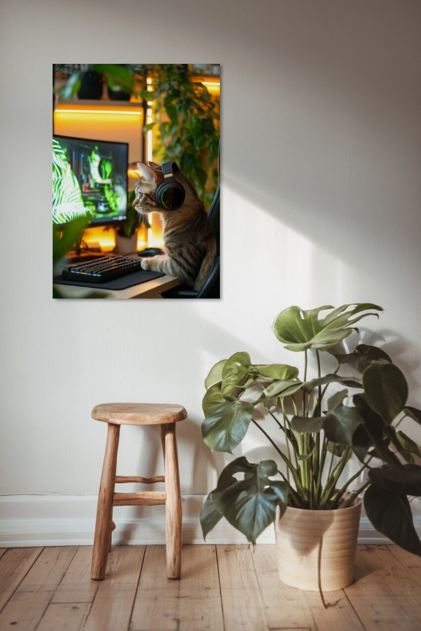 Fotografie Poster Katze mit Kopfhörer konzentriert am Bildschirm grün gelb