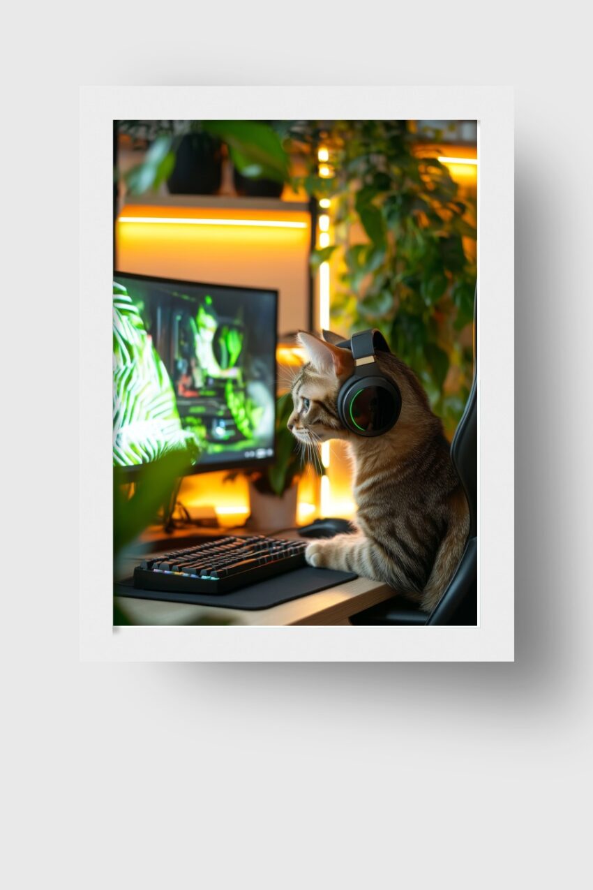 Fotografie Poster Katze mit Kopfhörer konzentriert am Bildschirm grün gelb