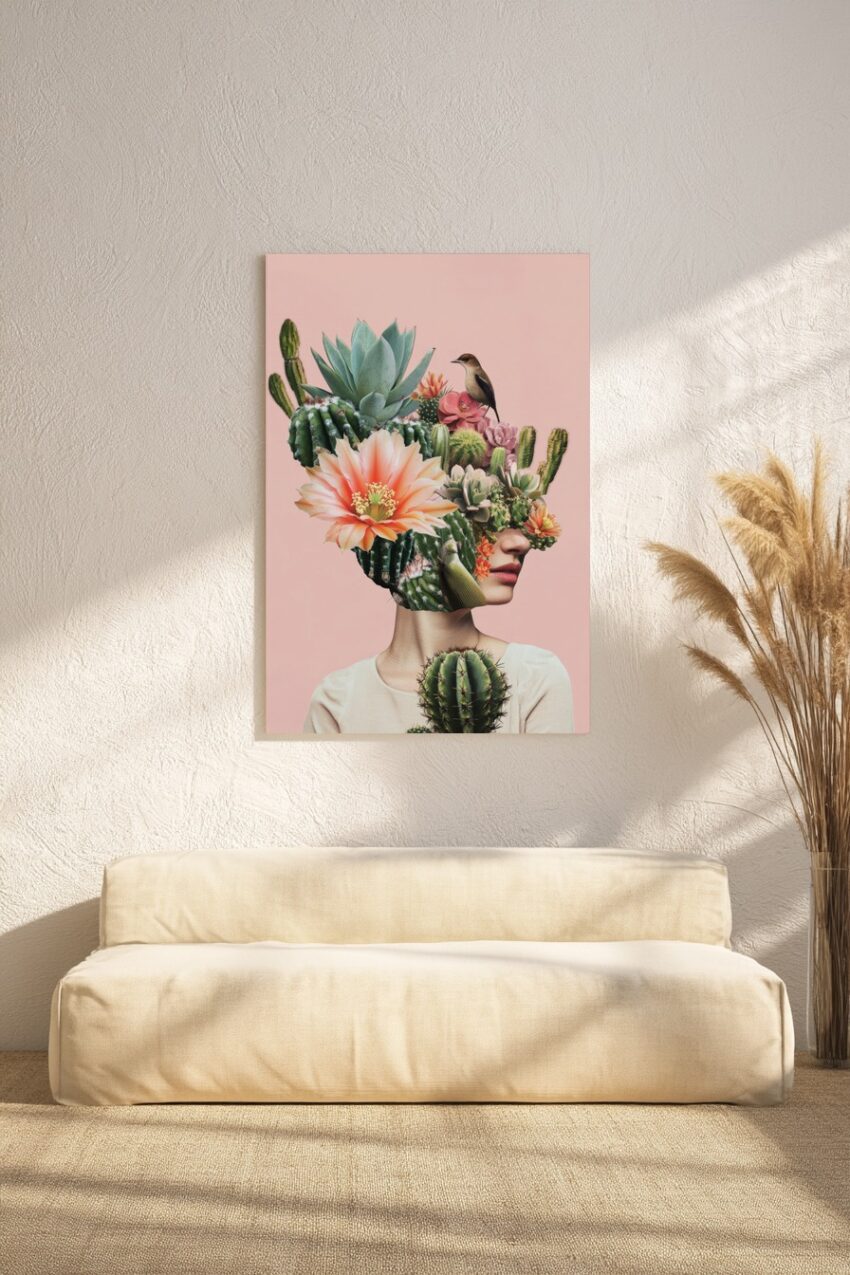 Digitale Kunst Poster Frau Kaktusblüten Surreal beige grün