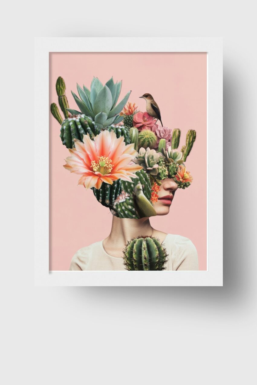Digitale Kunst Poster Frau Kaktusblüten Surreal beige grün
