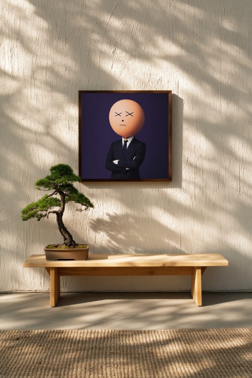Fotografie Poster Mann Ballonkopf orange Anzug frontal