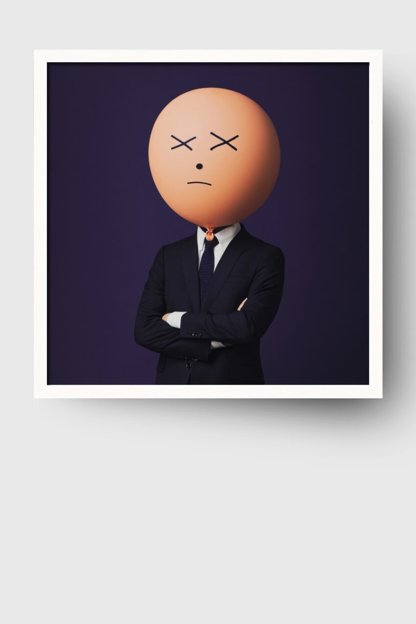 Fotografie Poster Mann Ballonkopf orange Anzug frontal
