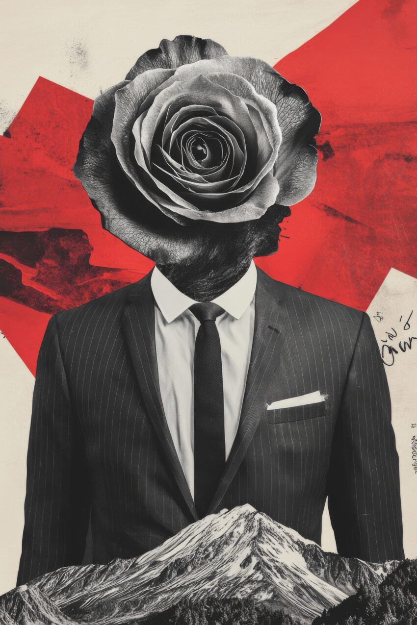 Fotografie Poster Mann Rosenkopf surreal rot