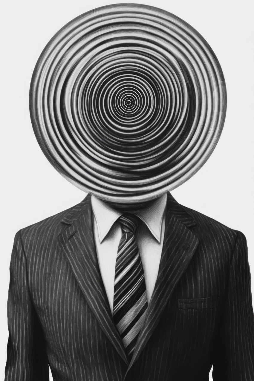 Grafik Poster Mann Spirale Kopf schwarz-weiß surreal