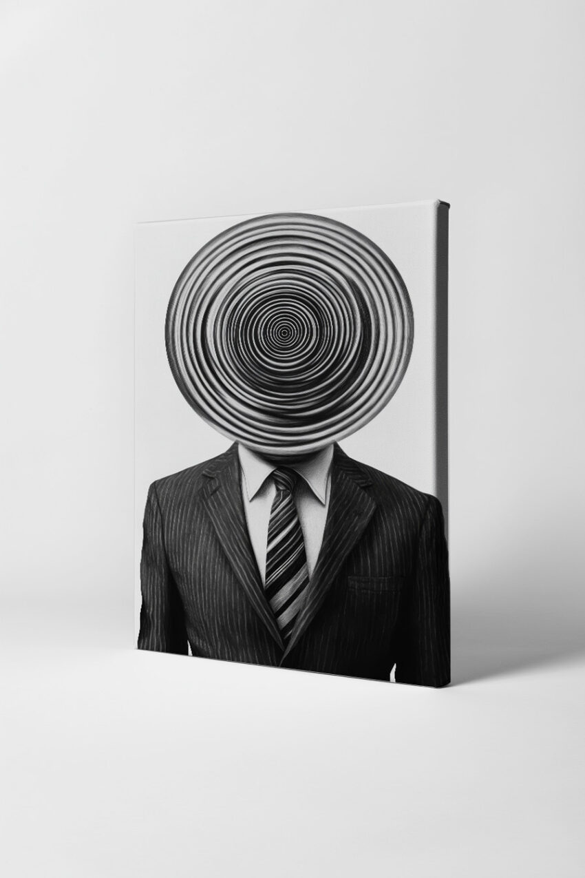 Grafik Poster Mann Spirale Kopf schwarz-weiß surreal