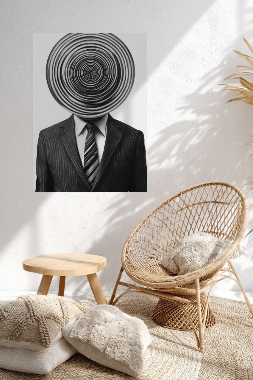 Grafik Poster Mann Spirale Kopf schwarz-weiß surreal