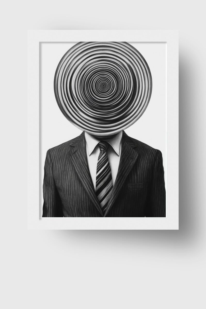Grafik Poster Mann Spirale Kopf schwarz-weiß surreal