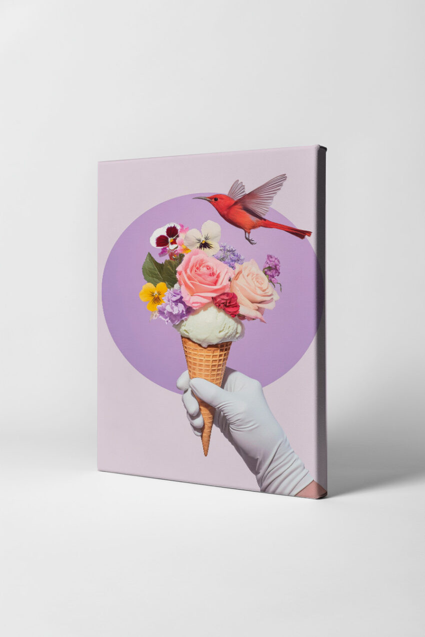 Fotografie Poster Eistüte Blumenstrauß pastellfarben minimalistisch