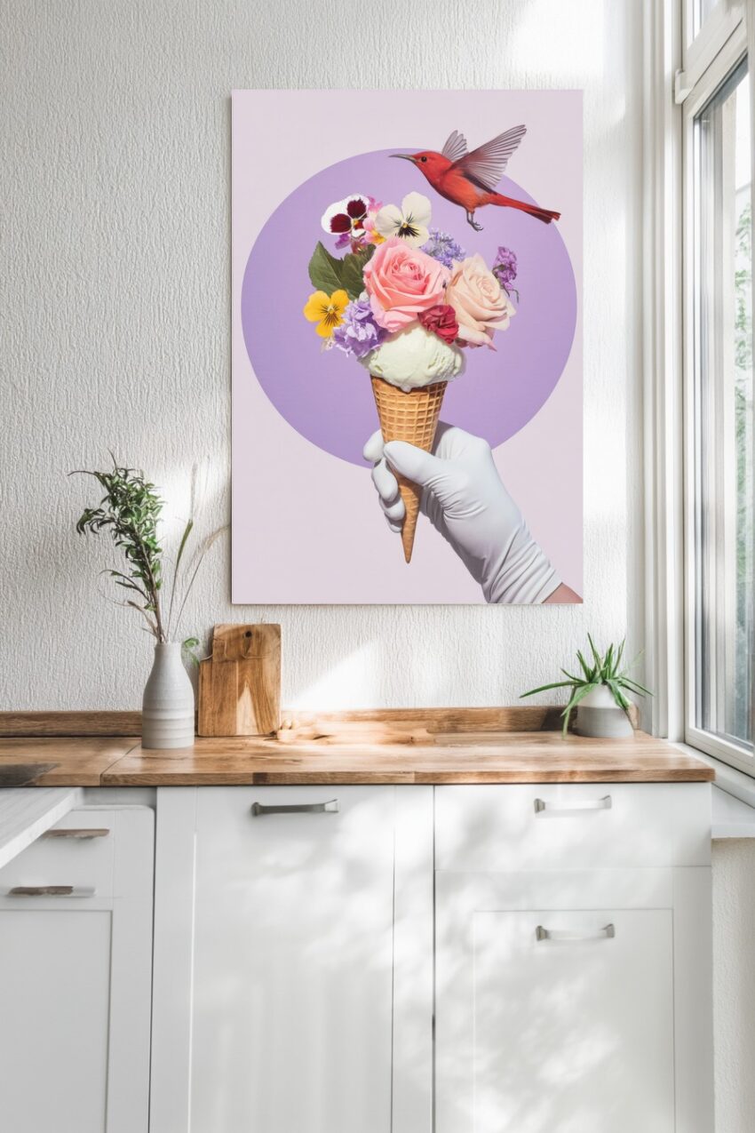 Fotografie Poster Eistüte Blumenstrauß pastellfarben minimalistisch