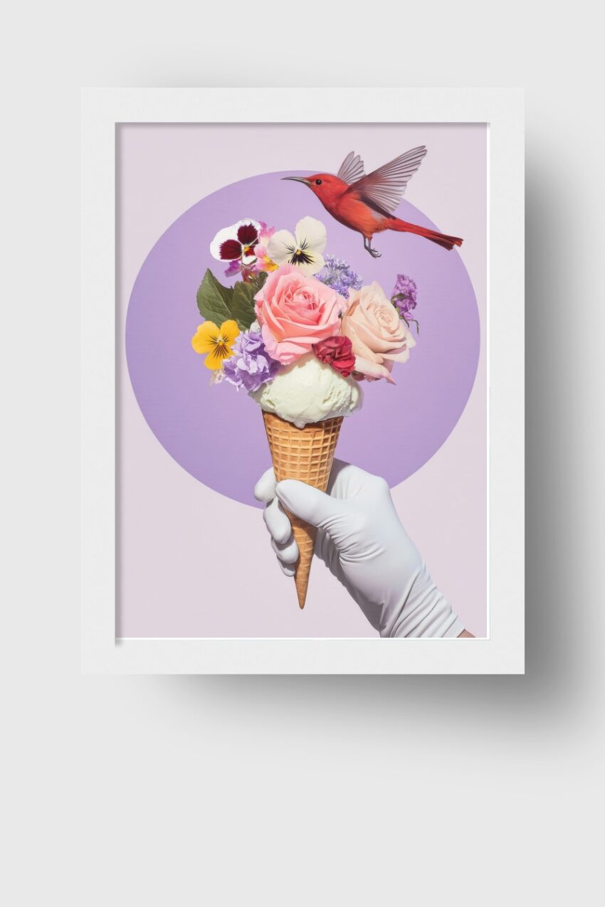 Fotografie Poster Eistüte Blumenstrauß pastellfarben minimalistisch