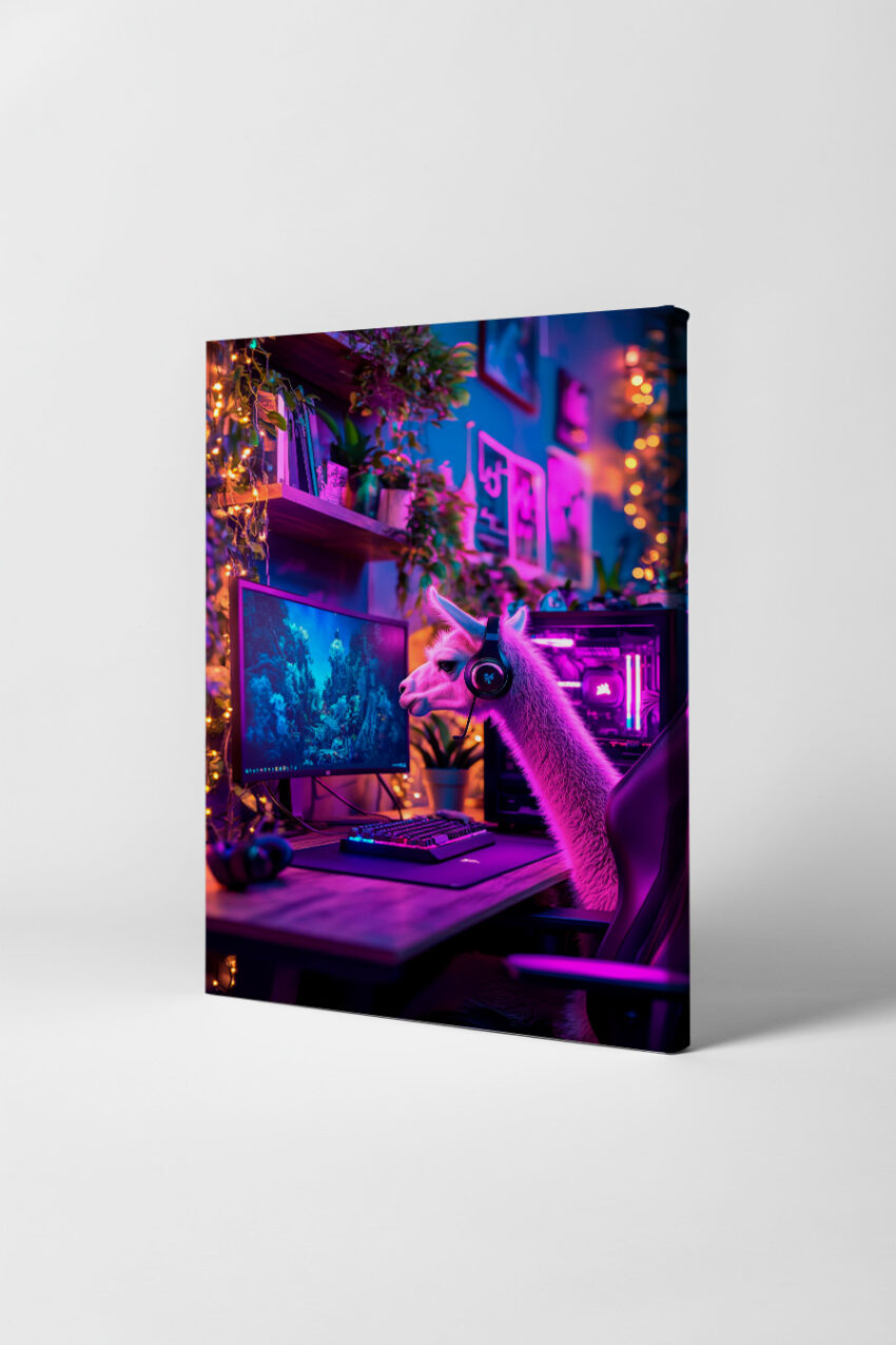 Fotografie Poster Lama am Bildschirm Neonlicht farbig