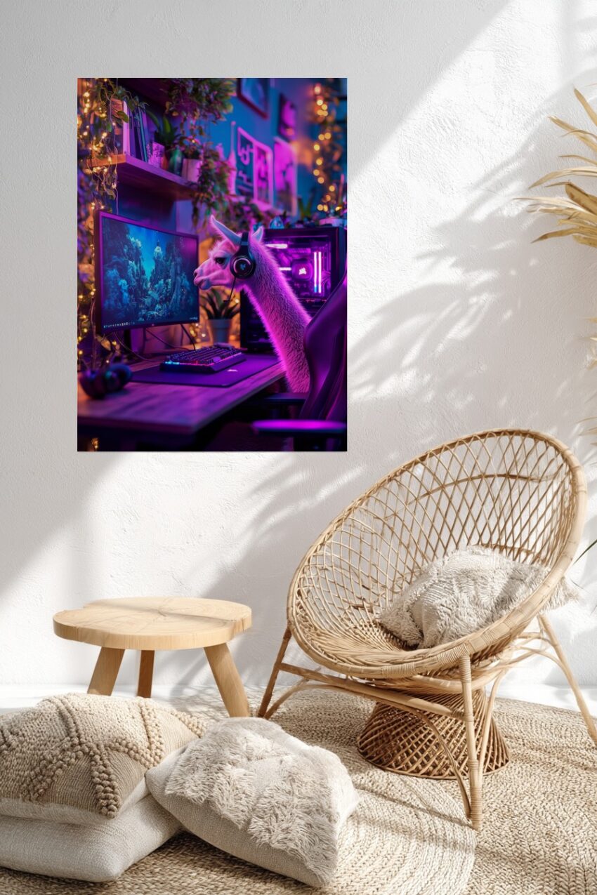 Fotografie Poster Lama am Bildschirm Neonlicht farbig