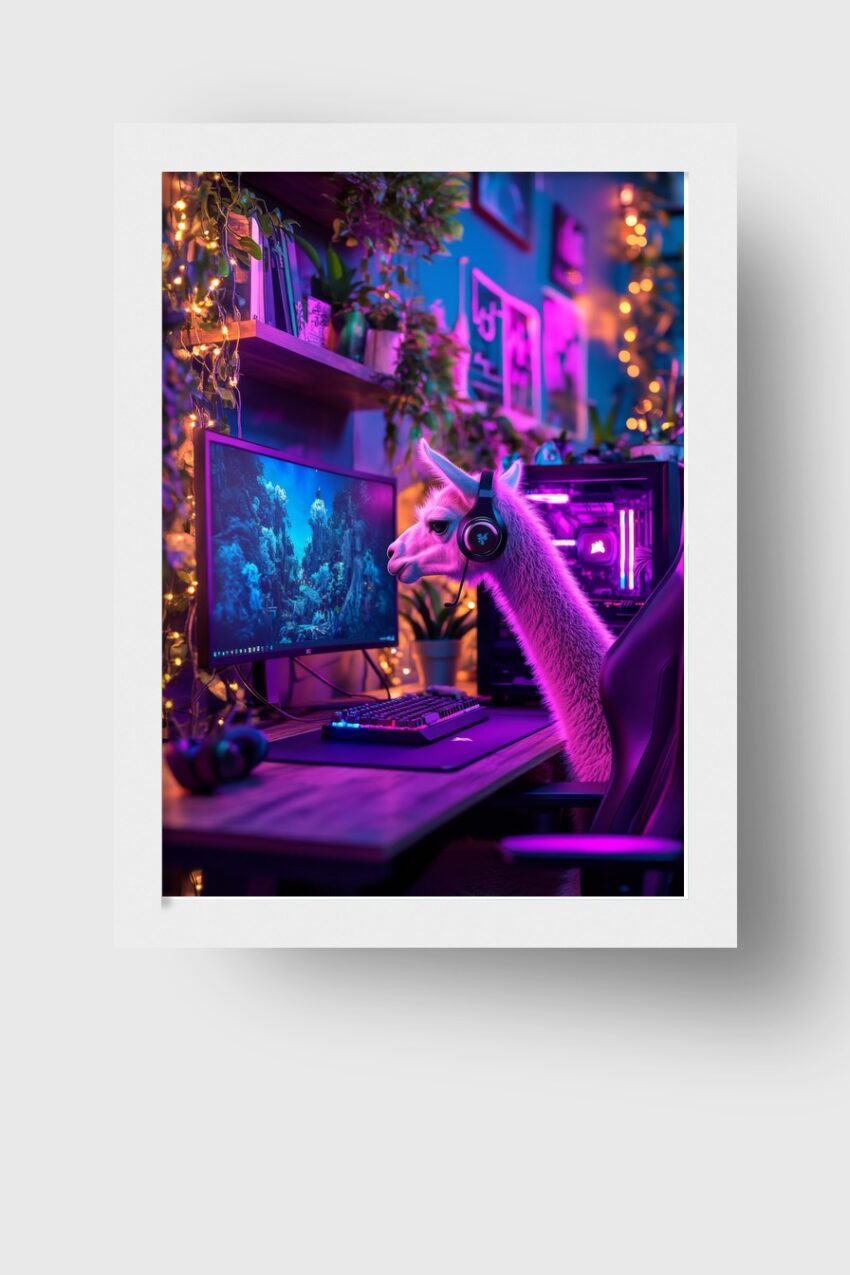 Fotografie Poster Lama am Bildschirm Neonlicht farbig