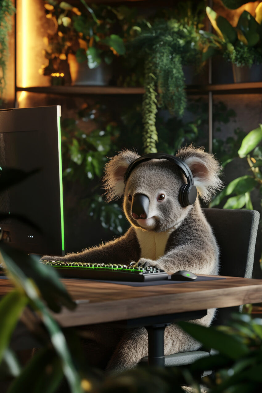 Fotografie Poster Koala Koala am Computer Headset gemütlich