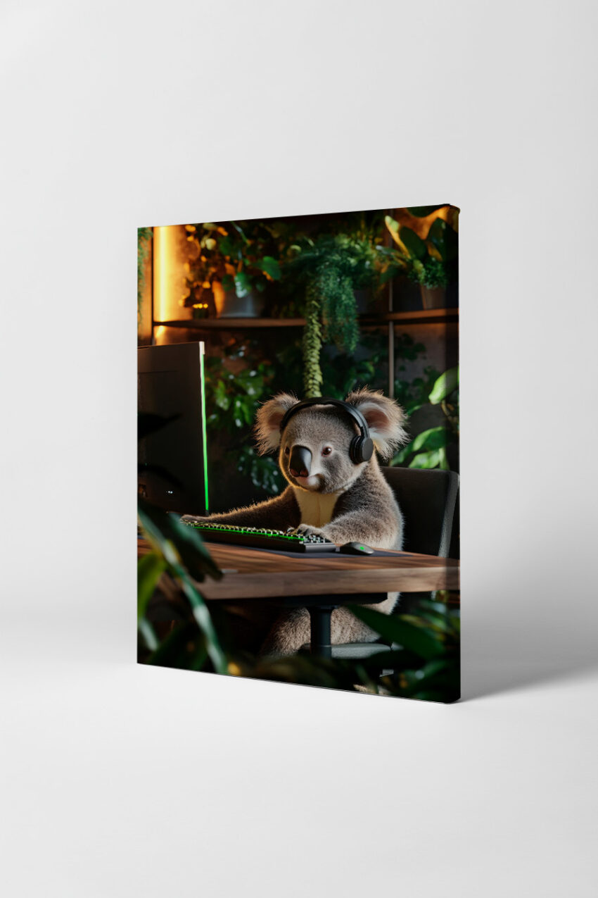 Fotografie Poster Koala Koala am Computer Headset gemütlich
