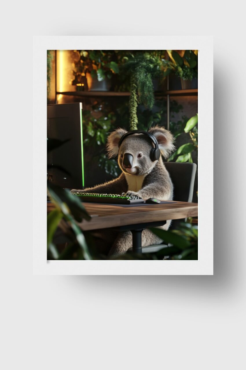 Fotografie Poster Koala Koala am Computer Headset gemütlich