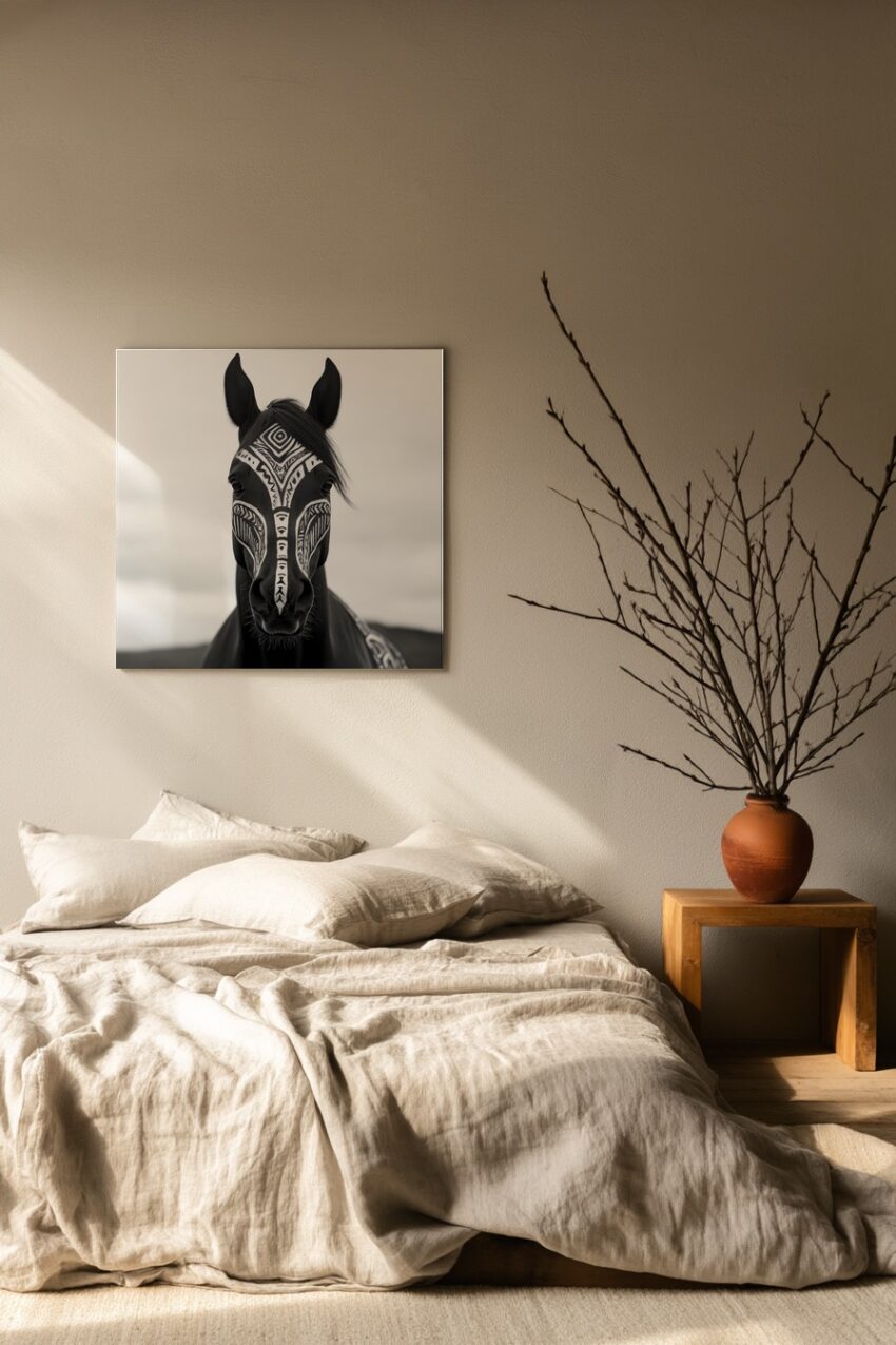 Fotografie Poster Pferd schwarz-weiß Gesichtsbemalung geometrisch