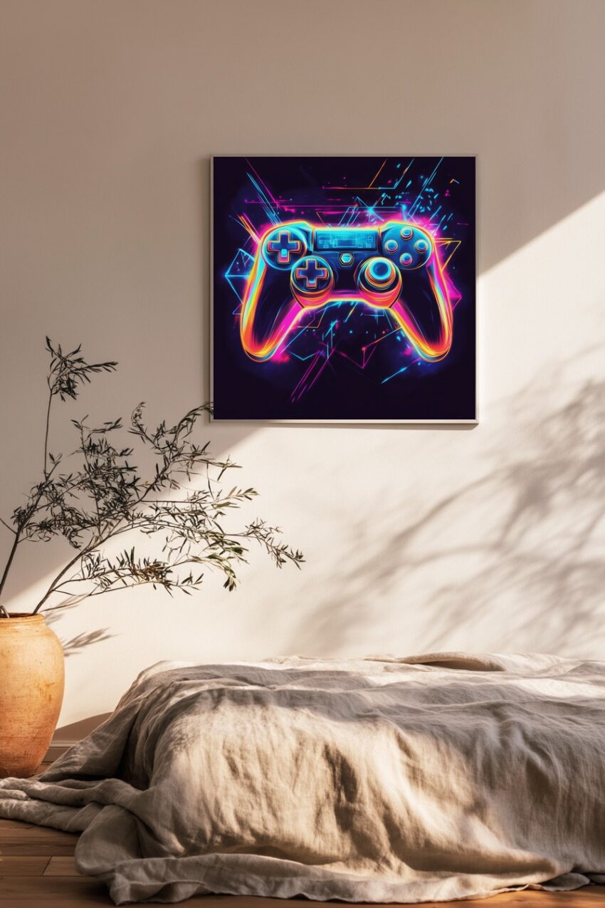 Digitale Kunst Poster Gamecontroller Neon leuchtend blau pink
