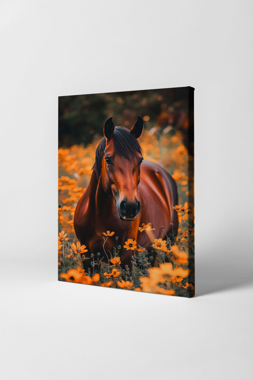 Fotografie Poster Pferd Blumenfeld herbstlich braun
