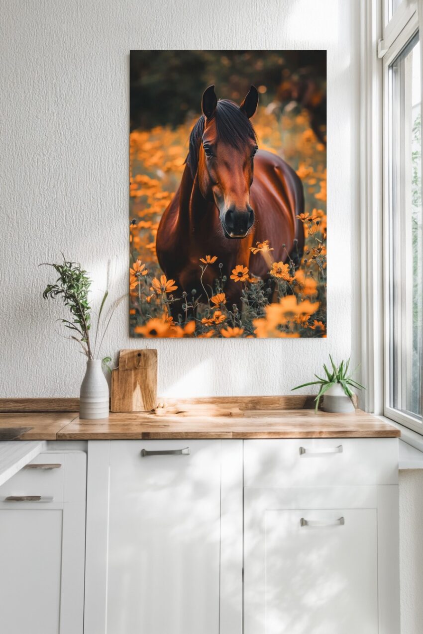 Fotografie Poster Pferd Blumenfeld herbstlich braun