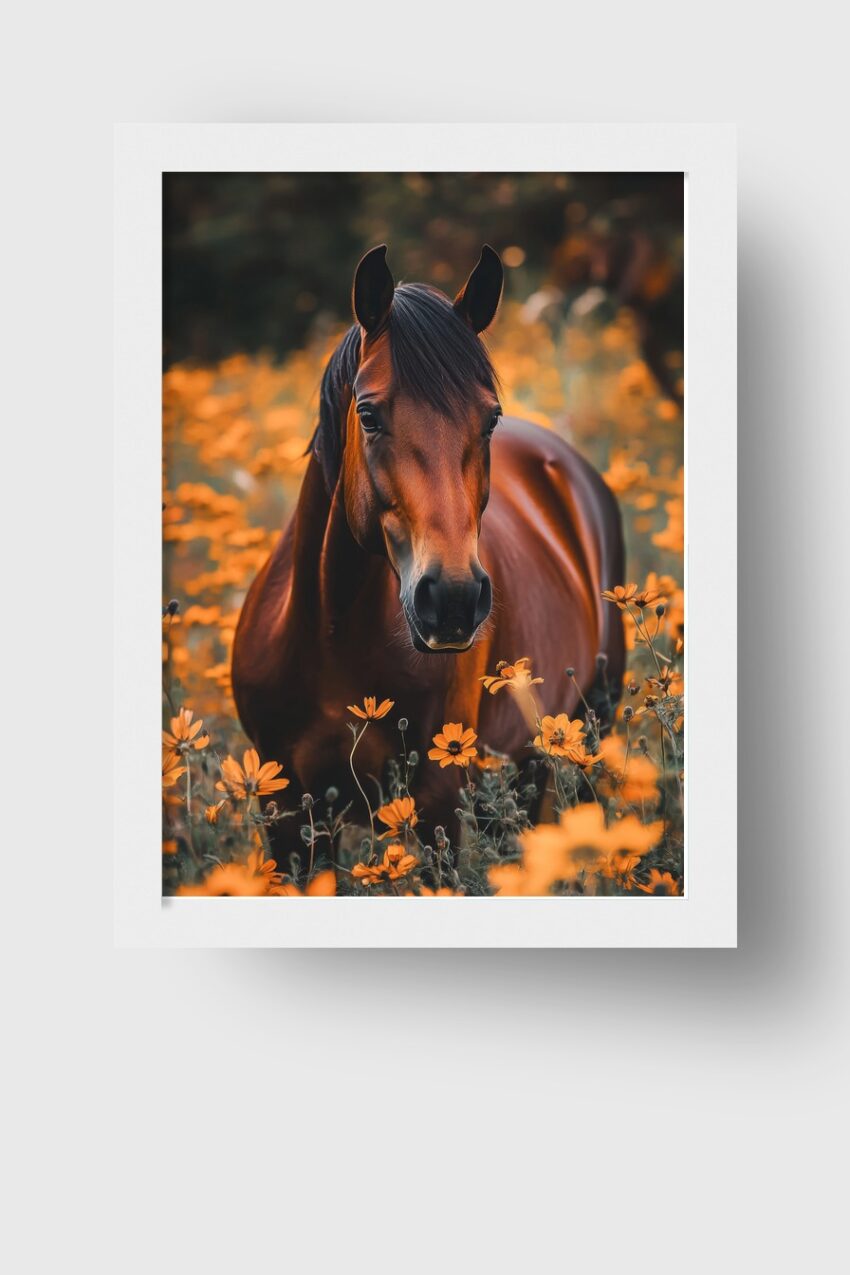 Fotografie Poster Pferd Blumenfeld herbstlich braun