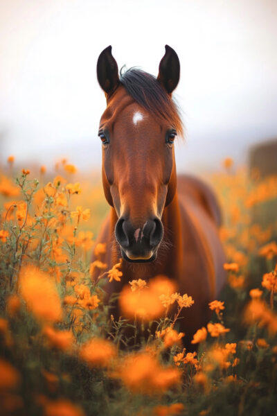 Pferd Orange Blumen Gerahmt