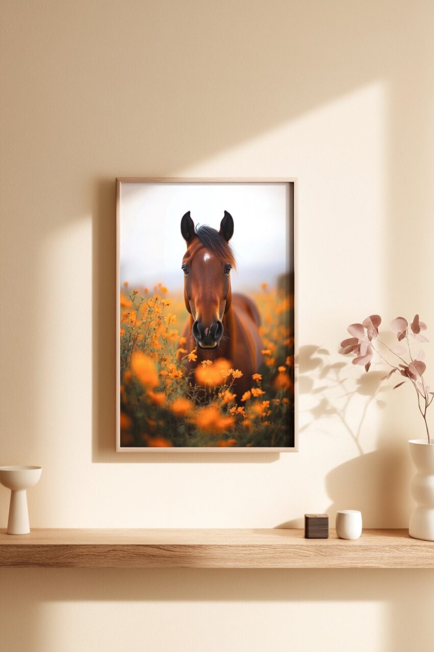 Fotografie Poster Pferd orange Blumen frontal