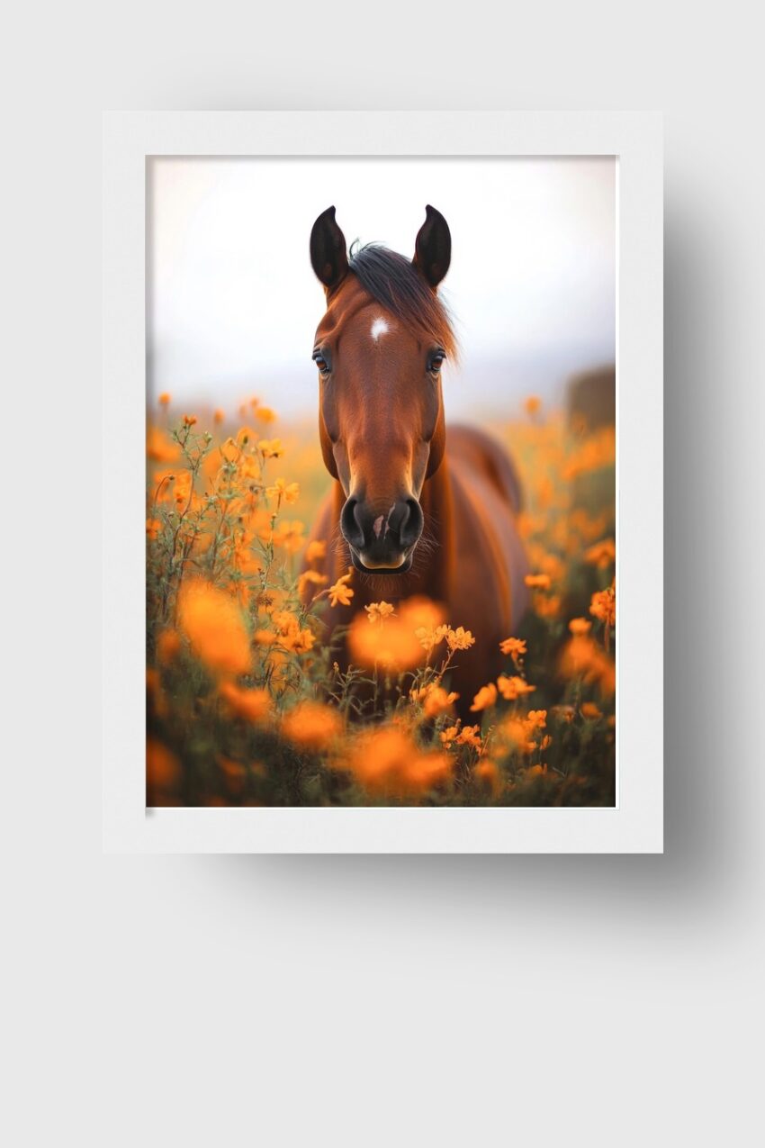 Fotografie Poster Pferd orange Blumen frontal