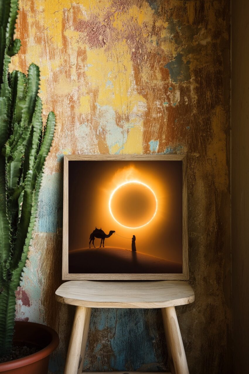 Fotografie Poster Kamel Sonnenfinsternis glühend orange