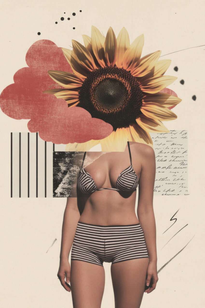 Collage Poster Sonnenblume Kopf surreal gelb braun