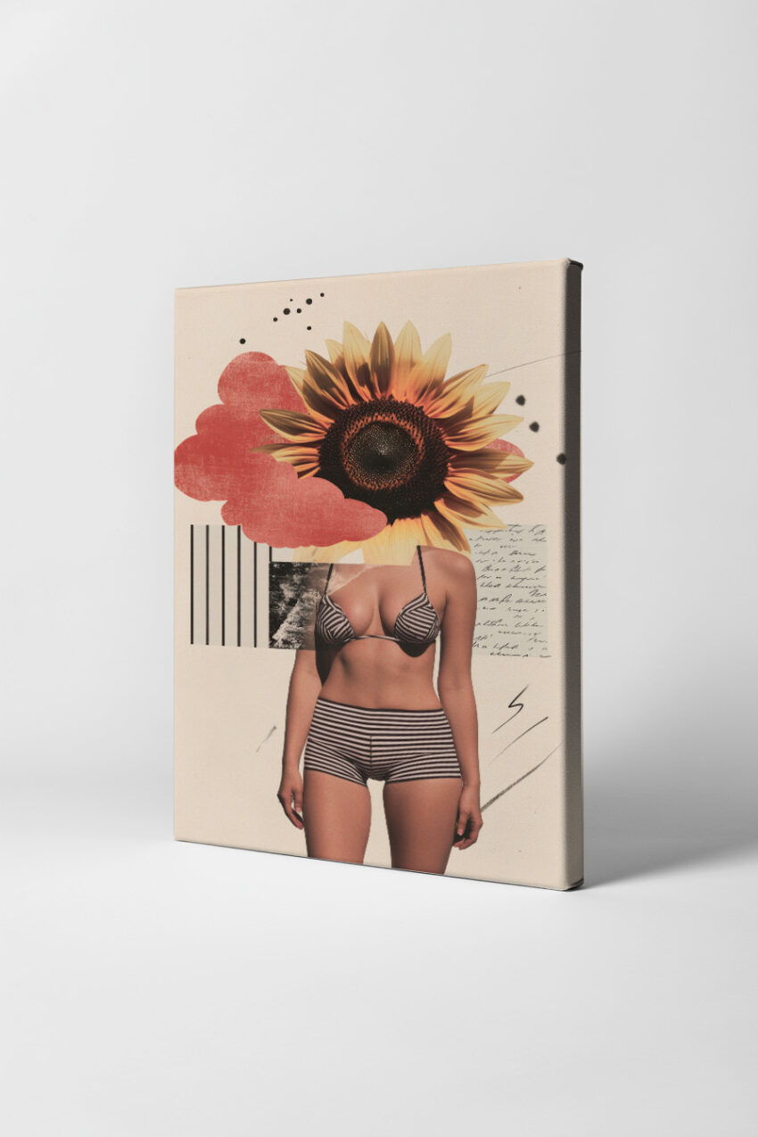 Collage Poster Sonnenblume Kopf surreal gelb braun