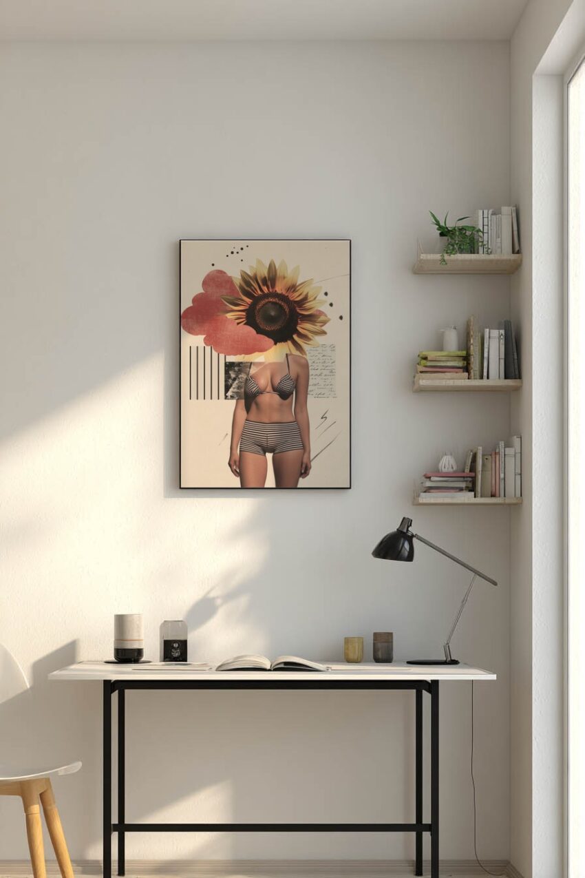 Collage Poster Sonnenblume Kopf surreal gelb braun