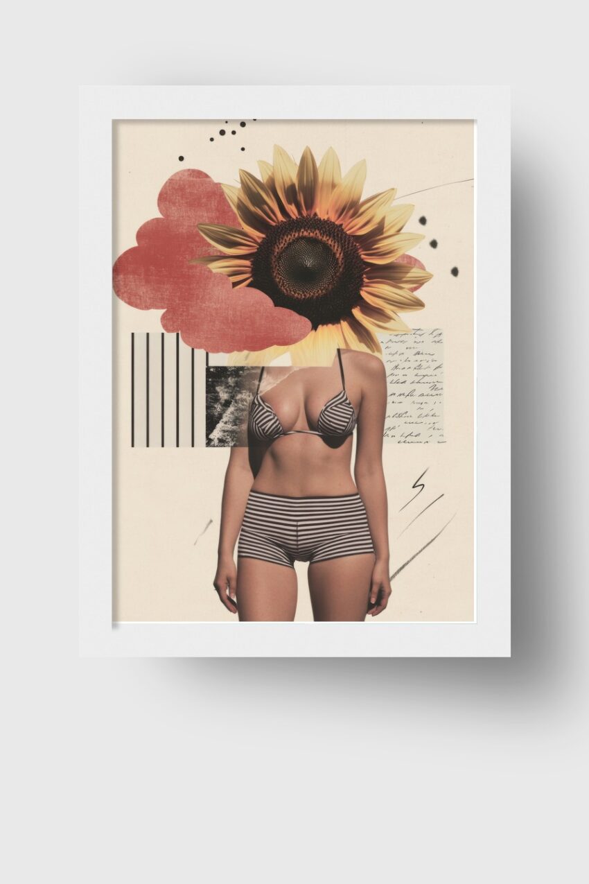 Collage Poster Sonnenblume Kopf surreal gelb braun