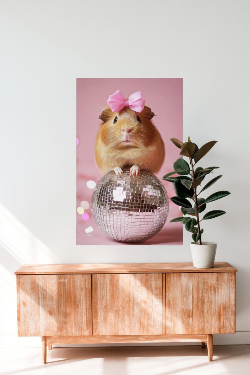 Fotografie Poster Meerschweinchen rosa Schleife Discokugel